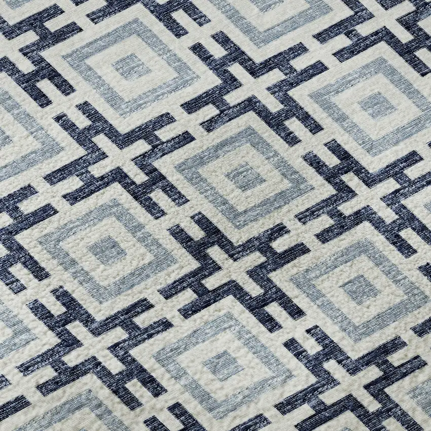Navy Blue And Ivory Geometric Washable Area Rug With UV Protection Photo 8