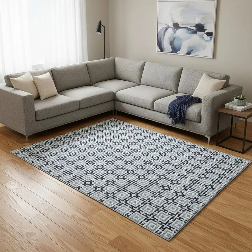 Navy Blue And Ivory Geometric Washable Area Rug With UV Protection Photo 1