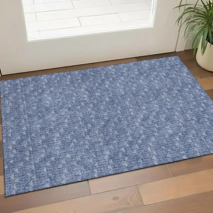 Navy Blue And Ivory Geometric Washable Area Rug With UV Protection Photo 1