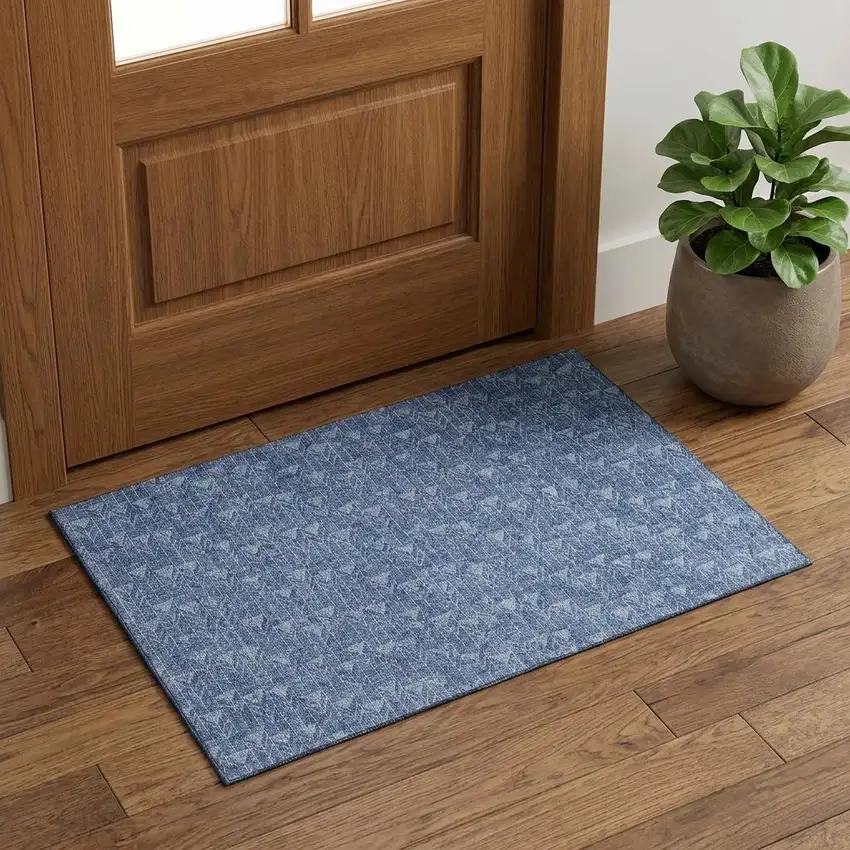Navy Blue And Ivory Geometric Washable Area Rug With UV Protection Photo 1