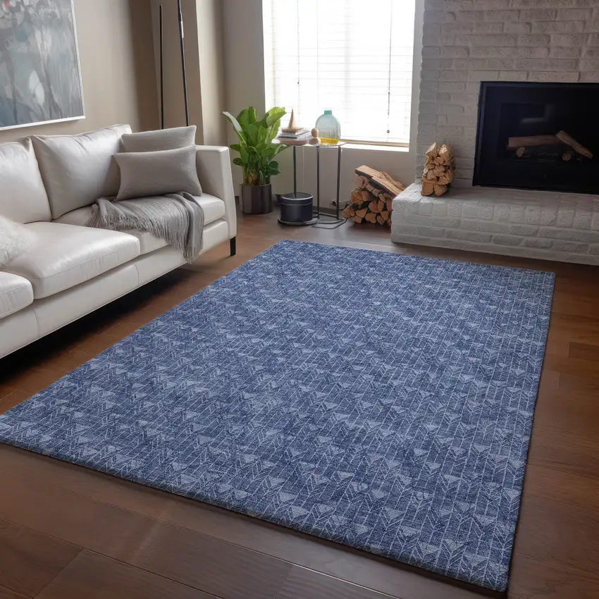 Navy Blue And Ivory Geometric Washable Area Rug With UV Protection Photo 5