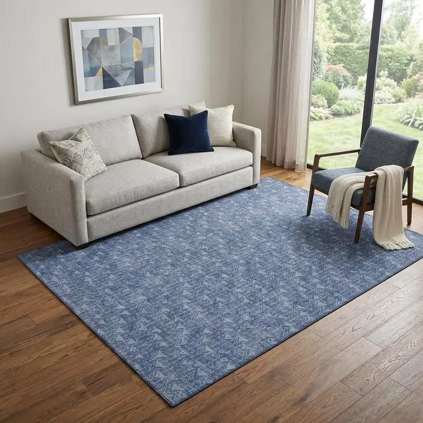 Navy Blue And Ivory Geometric Washable Area Rug With UV Protection Photo 1