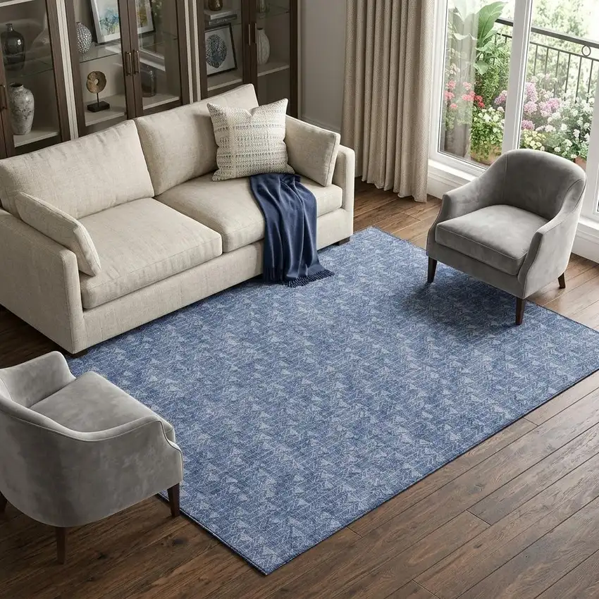 Navy Blue And Ivory Geometric Washable Area Rug With UV Protection Photo 1