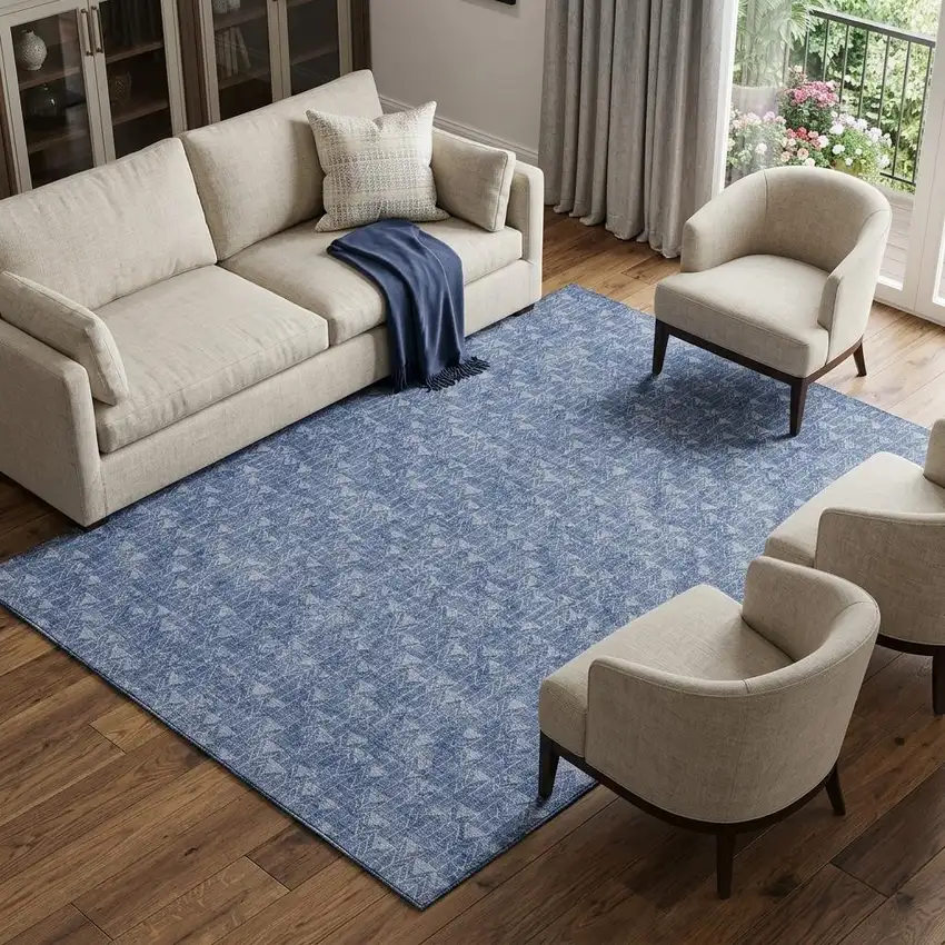 Navy Blue And Ivory Geometric Washable Area Rug With UV Protection Photo 1