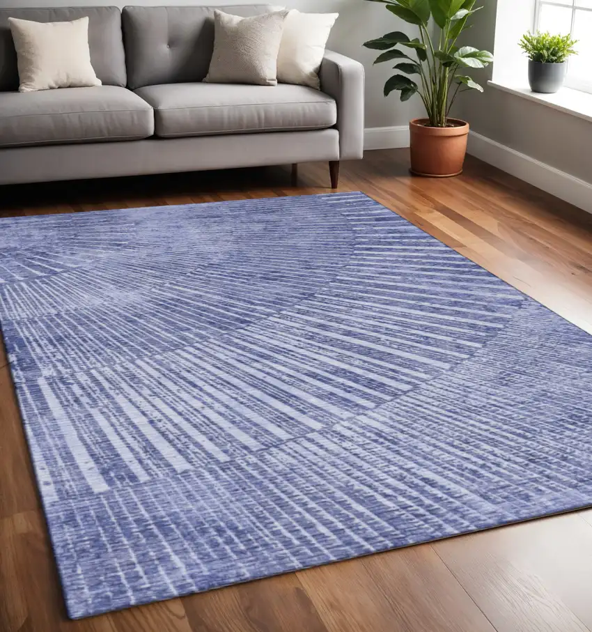 Navy Blue And Ivory Geometric Washable Area Rug With UV Protection Photo 2