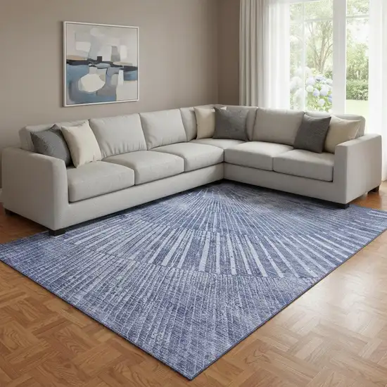 Navy Blue And Ivory Geometric Washable Area Rug With UV Protection Photo 1