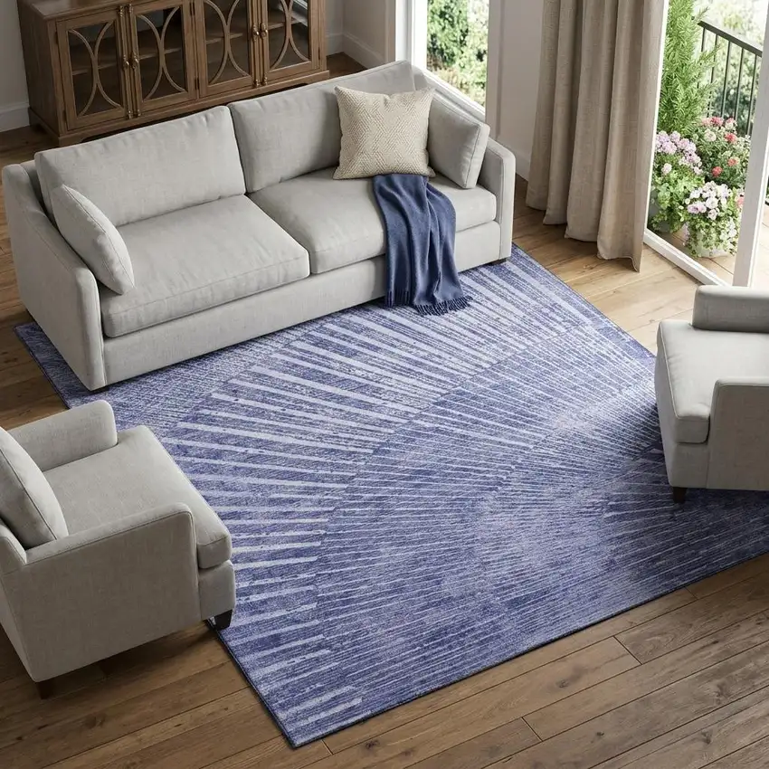 Navy Blue And Ivory Geometric Washable Area Rug With UV Protection Photo 1