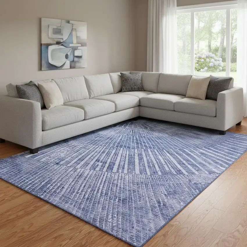 Navy Blue And Ivory Geometric Washable Area Rug With UV Protection Photo 1