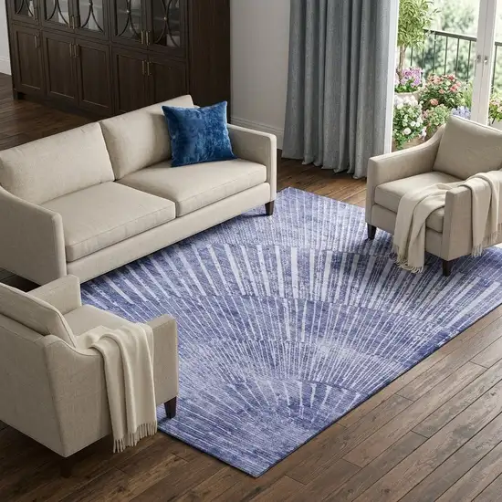 Navy Blue And Ivory Geometric Washable Area Rug With UV Protection Photo 1