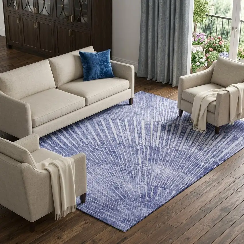 Navy Blue And Ivory Geometric Washable Area Rug With UV Protection Photo 1