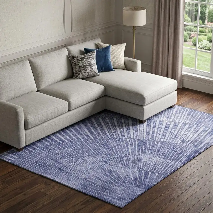 Navy Blue And Ivory Geometric Washable Area Rug With UV Protection Photo 1