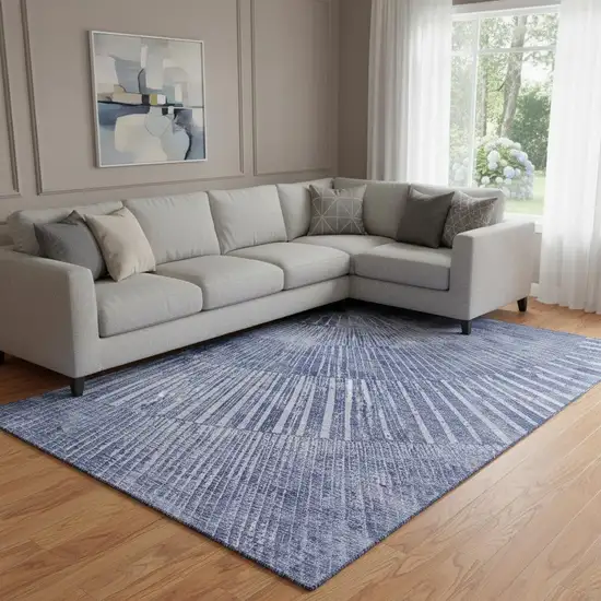 Navy Blue And Ivory Geometric Washable Area Rug With UV Protection Photo 1