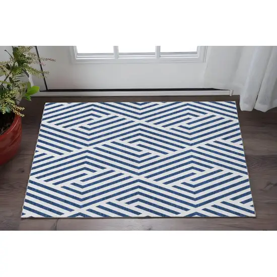 Navy Blue And Ivory Geometric Washable Area Rug With UV Protection Photo 2