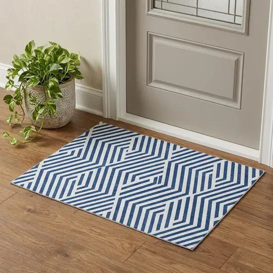 Navy Blue And Ivory Geometric Washable Area Rug With UV Protection Photo 1