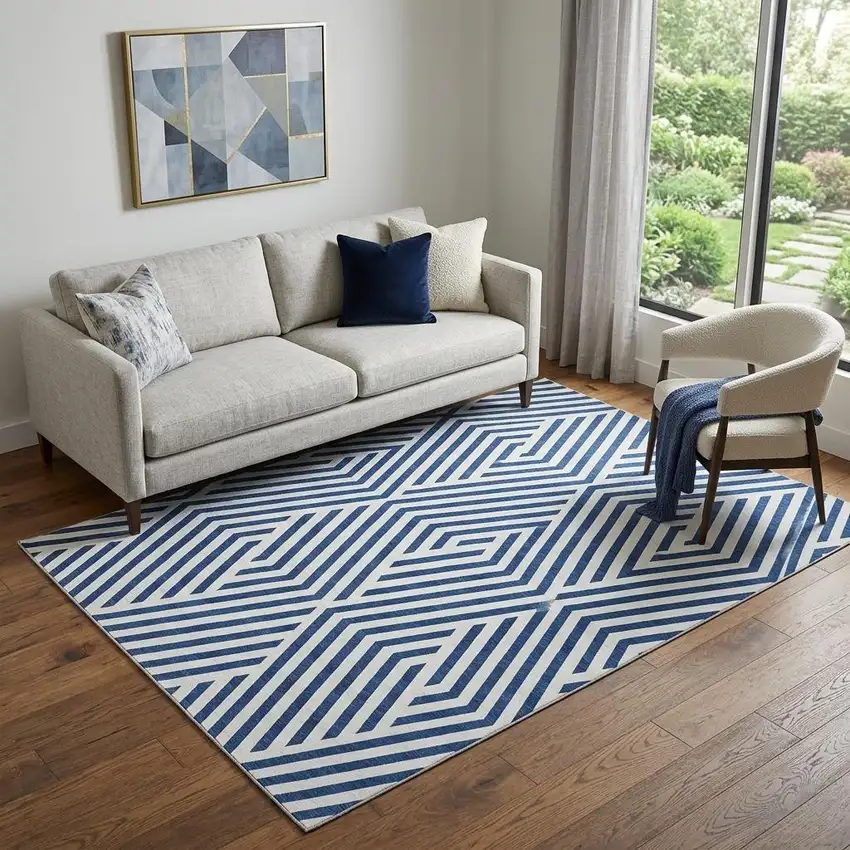 Navy Blue And Ivory Geometric Washable Area Rug With UV Protection Photo 1