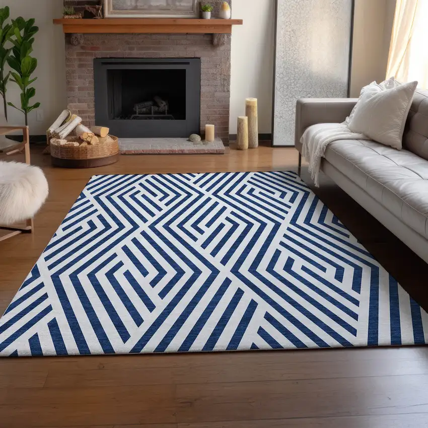 Navy Blue And Ivory Geometric Washable Area Rug With UV Protection Photo 6