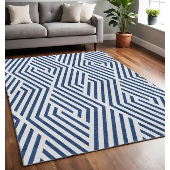 Navy Blue And Ivory Geometric Washable Area Rug With UV Protection Photo 2