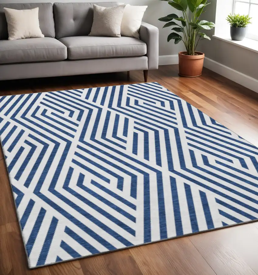 Navy Blue And Ivory Geometric Washable Area Rug With UV Protection Photo 2