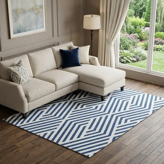 Navy Blue And Ivory Geometric Washable Area Rug With UV Protection Photo 1