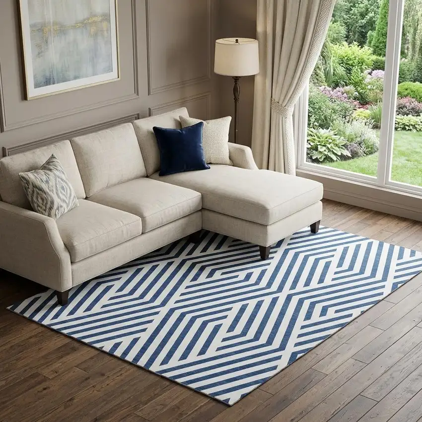 Navy Blue And Ivory Geometric Washable Area Rug With UV Protection Photo 1