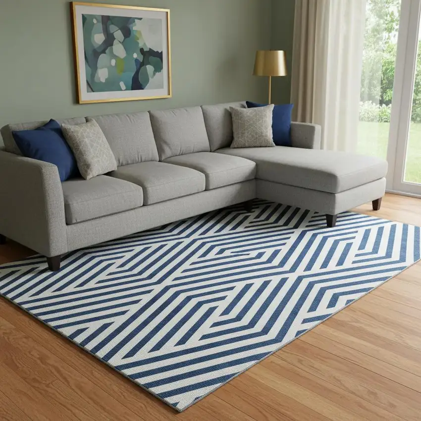 Navy Blue And Ivory Geometric Washable Area Rug With UV Protection Photo 1