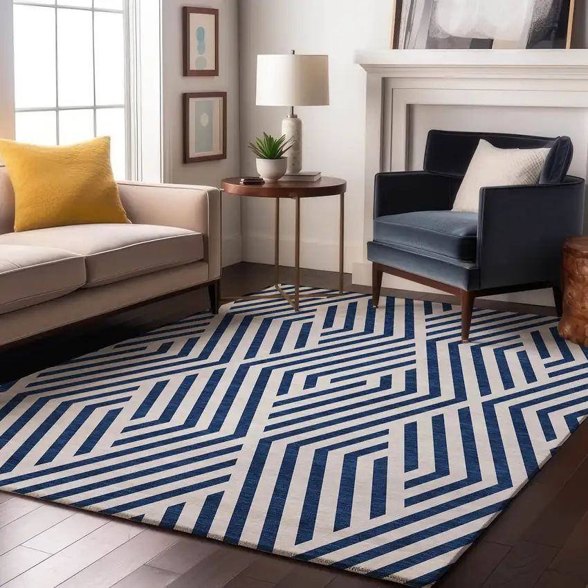 Navy Blue And Ivory Geometric Washable Area Rug With UV Protection Photo 5