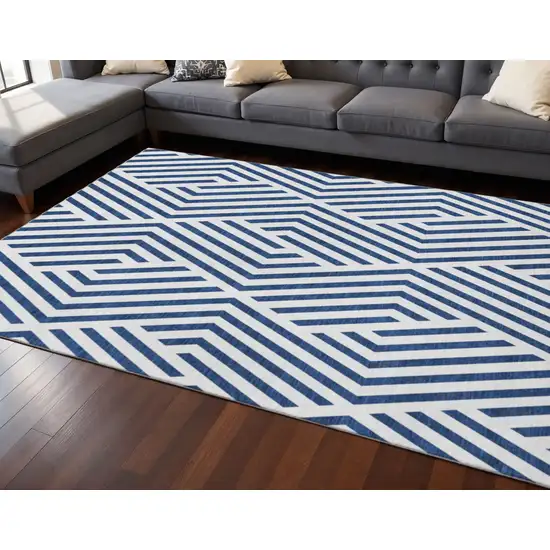 Navy Blue And Ivory Geometric Washable Area Rug With UV Protection Photo 2