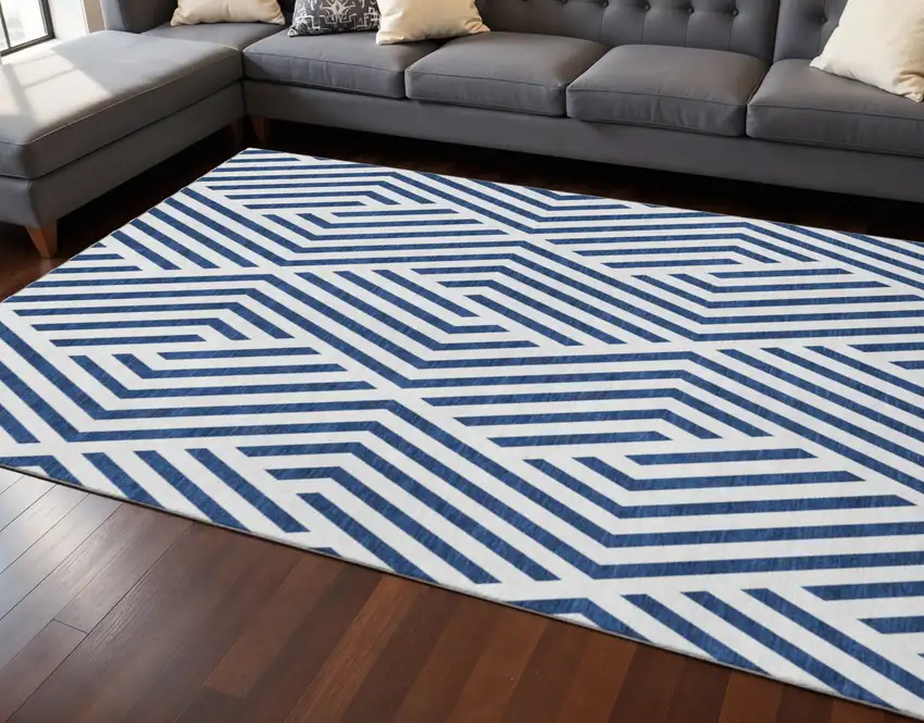 Navy Blue And Ivory Geometric Washable Area Rug With UV Protection Photo 2