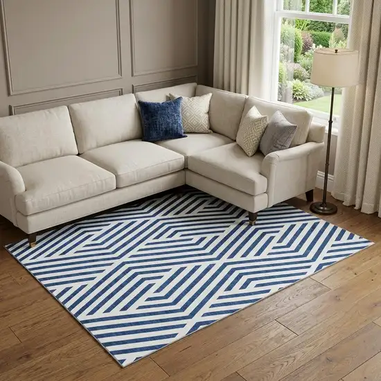 Navy Blue And Ivory Geometric Washable Area Rug With UV Protection Photo 1