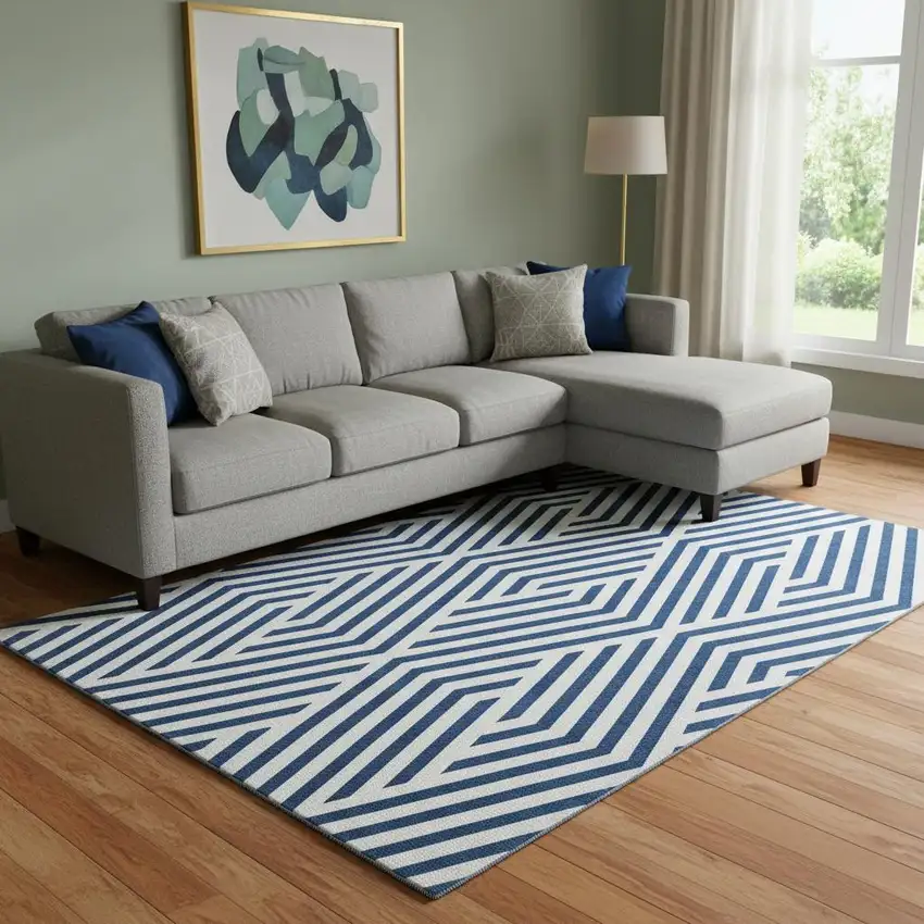 Navy Blue And Ivory Geometric Washable Area Rug With UV Protection Photo 1