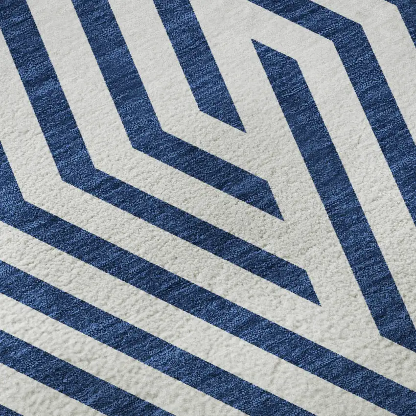 Navy Blue And Ivory Geometric Washable Area Rug With UV Protection Photo 9