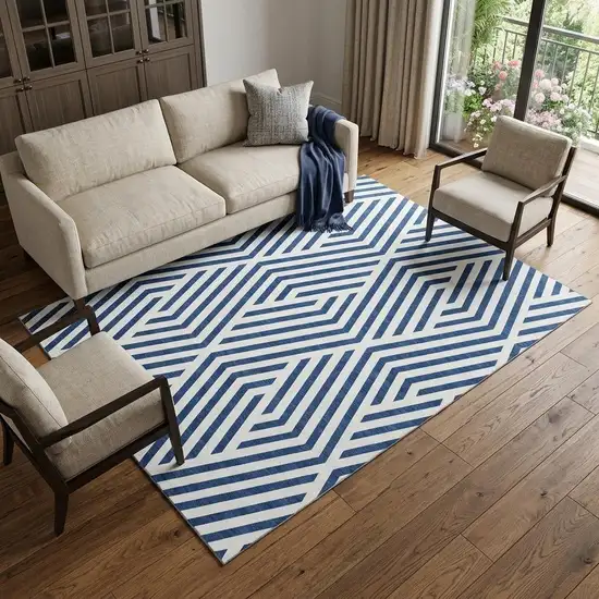 Navy Blue And Ivory Geometric Washable Area Rug With UV Protection Photo 1