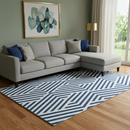 Navy Blue And Ivory Geometric Washable Area Rug With UV Protection Photo 1