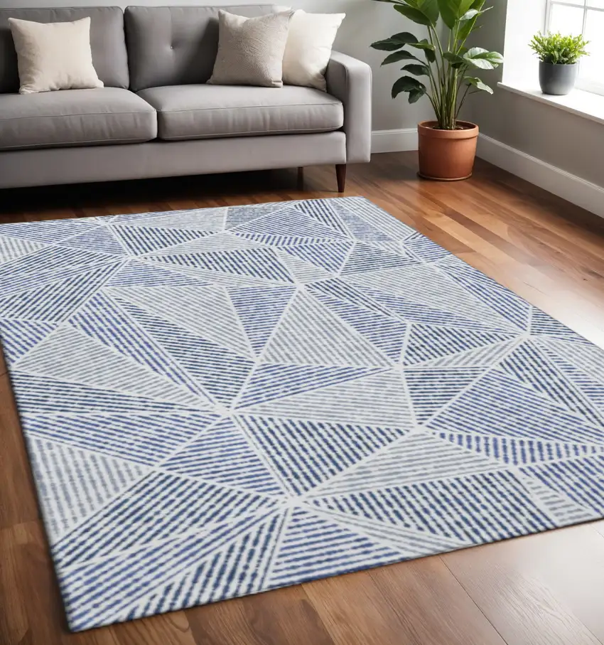 Navy Blue And Ivory Geometric Washable Area Rug With UV Protection Photo 2