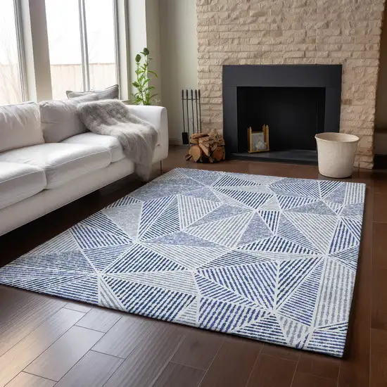 Navy Blue And Ivory Geometric Washable Area Rug With UV Protection Photo 6