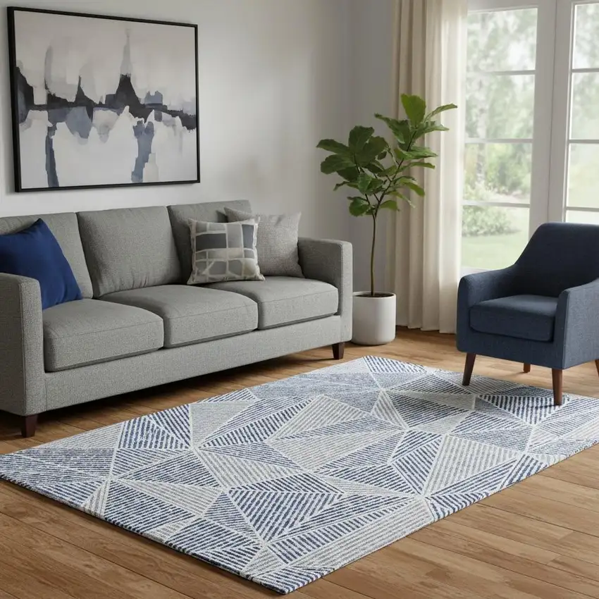 Navy Blue And Ivory Geometric Washable Area Rug With UV Protection Photo 1