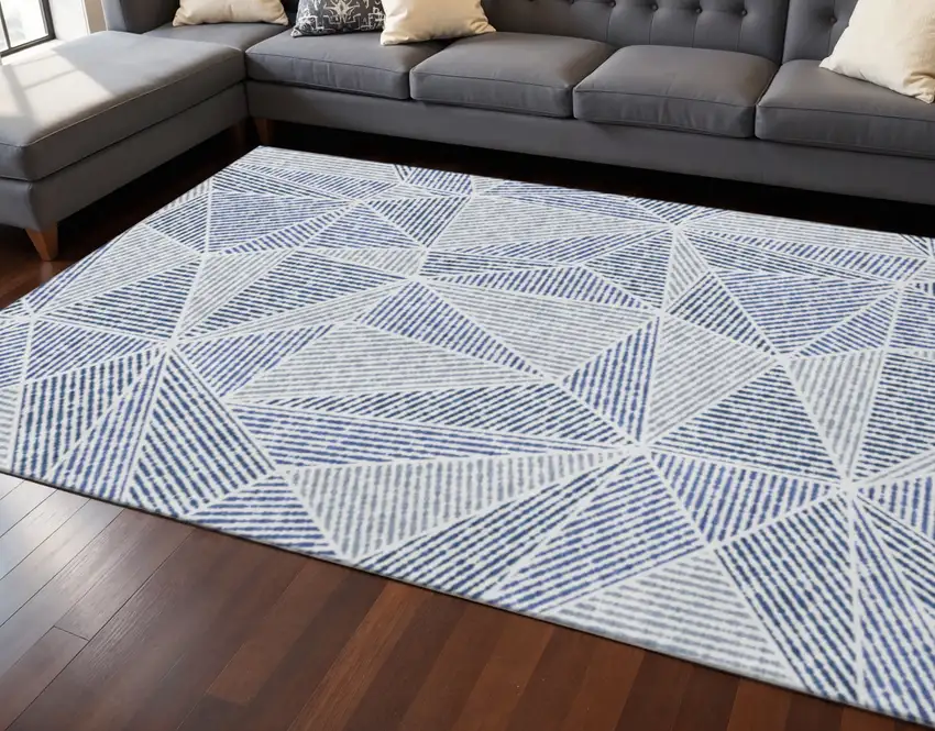 Navy Blue And Ivory Geometric Washable Area Rug With UV Protection Photo 2