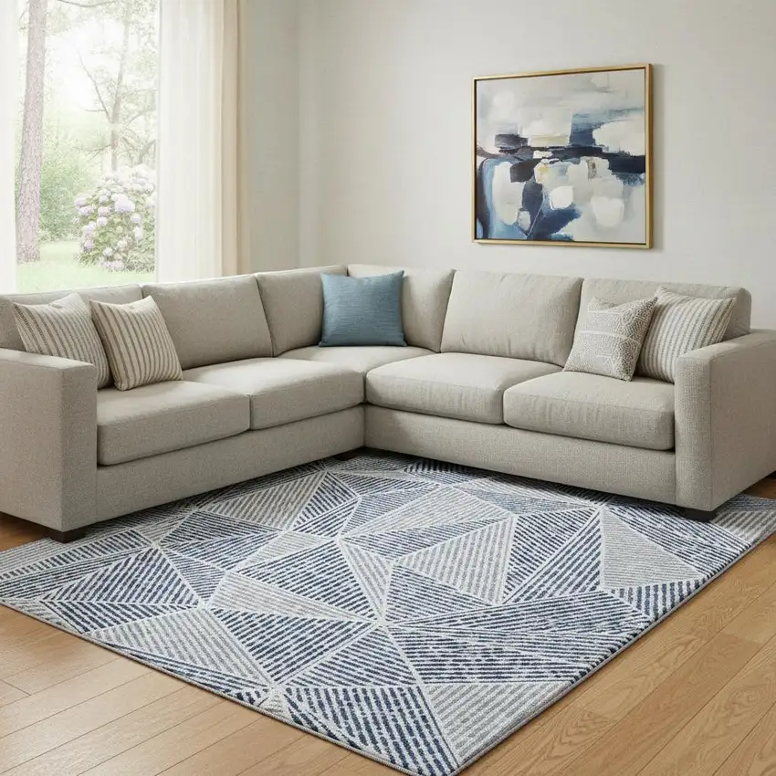 Navy Blue And Ivory Geometric Washable Area Rug With UV Protection Photo 1