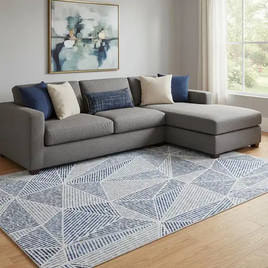 Navy Blue And Ivory Geometric Washable Area Rug With UV Protection Photo 1