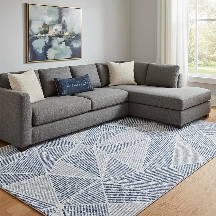 Navy Blue And Ivory Geometric Washable Area Rug With UV Protection Photo 1