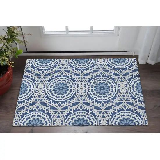 Navy Blue And Ivory Geometric Washable Area Rug With UV Protection Photo 2