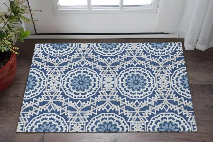 Navy Blue And Ivory Geometric Washable Area Rug With UV Protection Photo 2
