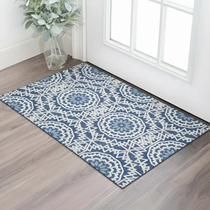 Navy Blue And Ivory Geometric Washable Area Rug With UV Protection Photo 1