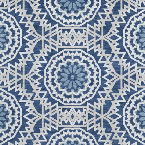 Navy Blue And Ivory Geometric Washable Area Rug With UV Protection Photo 7
