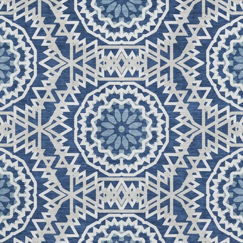 Navy Blue And Ivory Geometric Washable Area Rug With UV Protection Photo 7