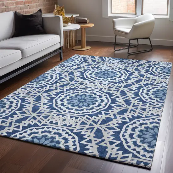 Navy Blue And Ivory Geometric Washable Area Rug With UV Protection Photo 8