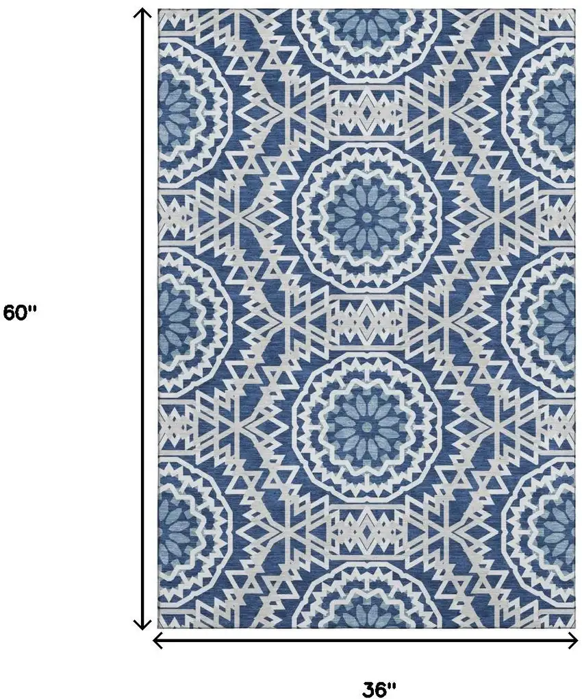 Navy Blue And Ivory Geometric Washable Area Rug With UV Protection Photo 3