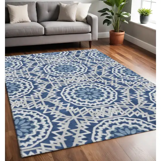 Navy Blue And Ivory Geometric Washable Area Rug With UV Protection Photo 2