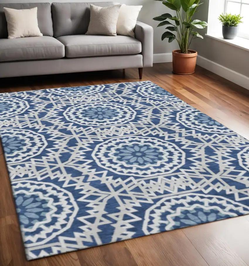 Navy Blue And Ivory Geometric Washable Area Rug With UV Protection Photo 2