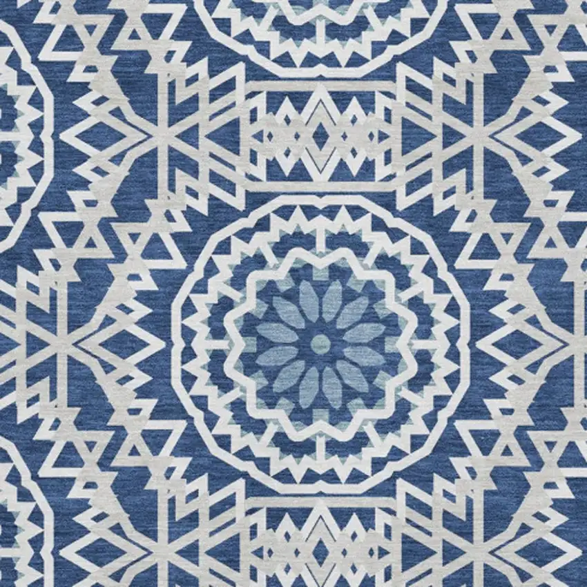 Navy Blue And Ivory Geometric Washable Area Rug With UV Protection Photo 3